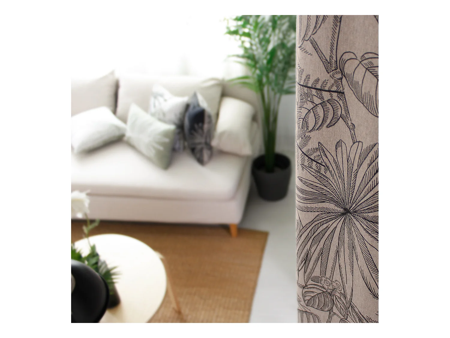 Lot de 2 Rideaux à Œillets, 140x240cm, Naturel et Gris, Motif Jungle Tropical, Collection Mambo