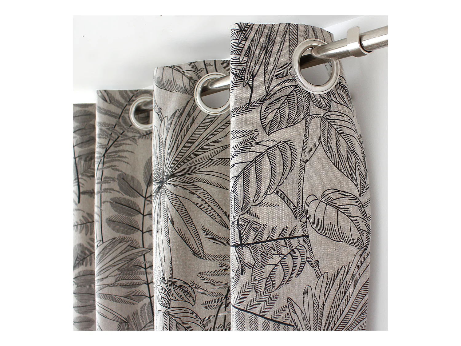 Lot de 2 Rideaux à Œillets, 140x240cm, Naturel et Gris, Motif Jungle Tropical, Collection Mambo