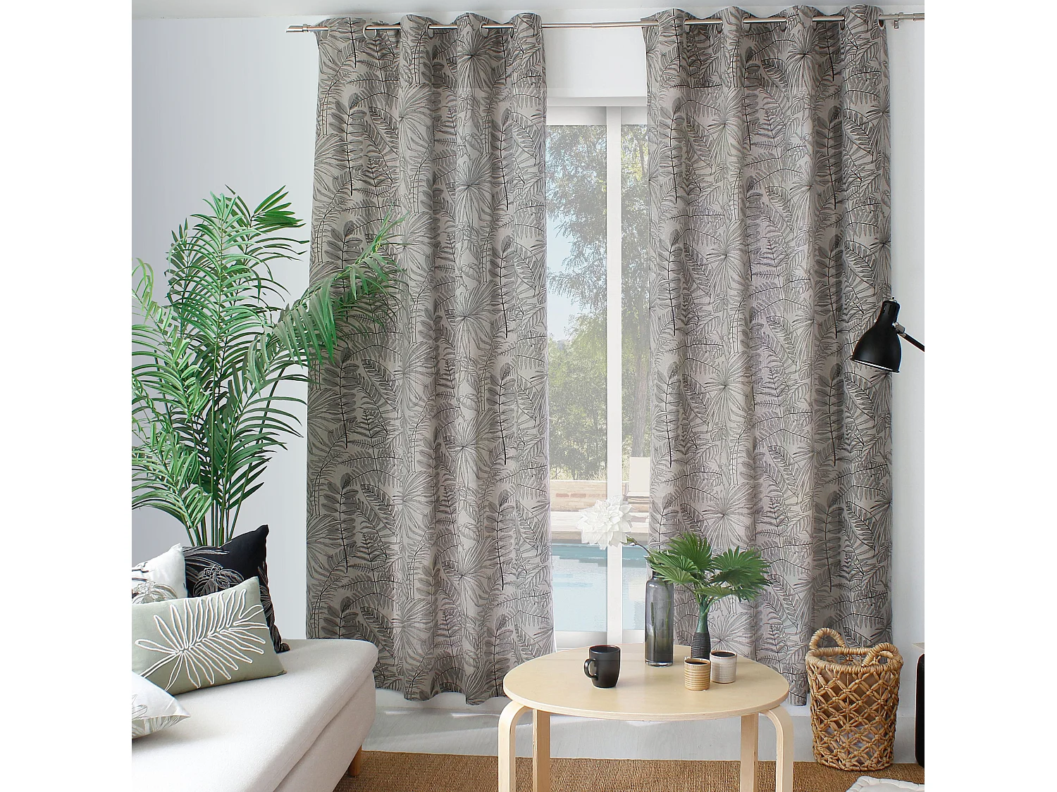 Lot de 2 Rideaux à Œillets, 140x240cm, Naturel et Gris, Motif Jungle Tropical, Collection Mambo