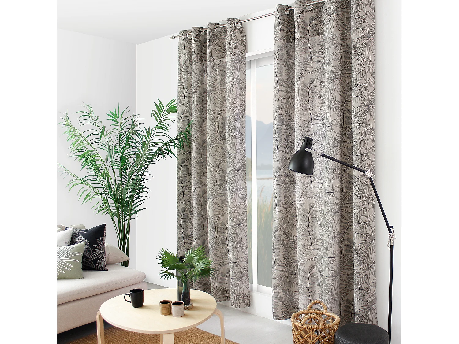 Lot de 2 Rideaux à Œillets, 140x240cm, Naturel et Gris, Motif Jungle Tropical, Collection Mambo