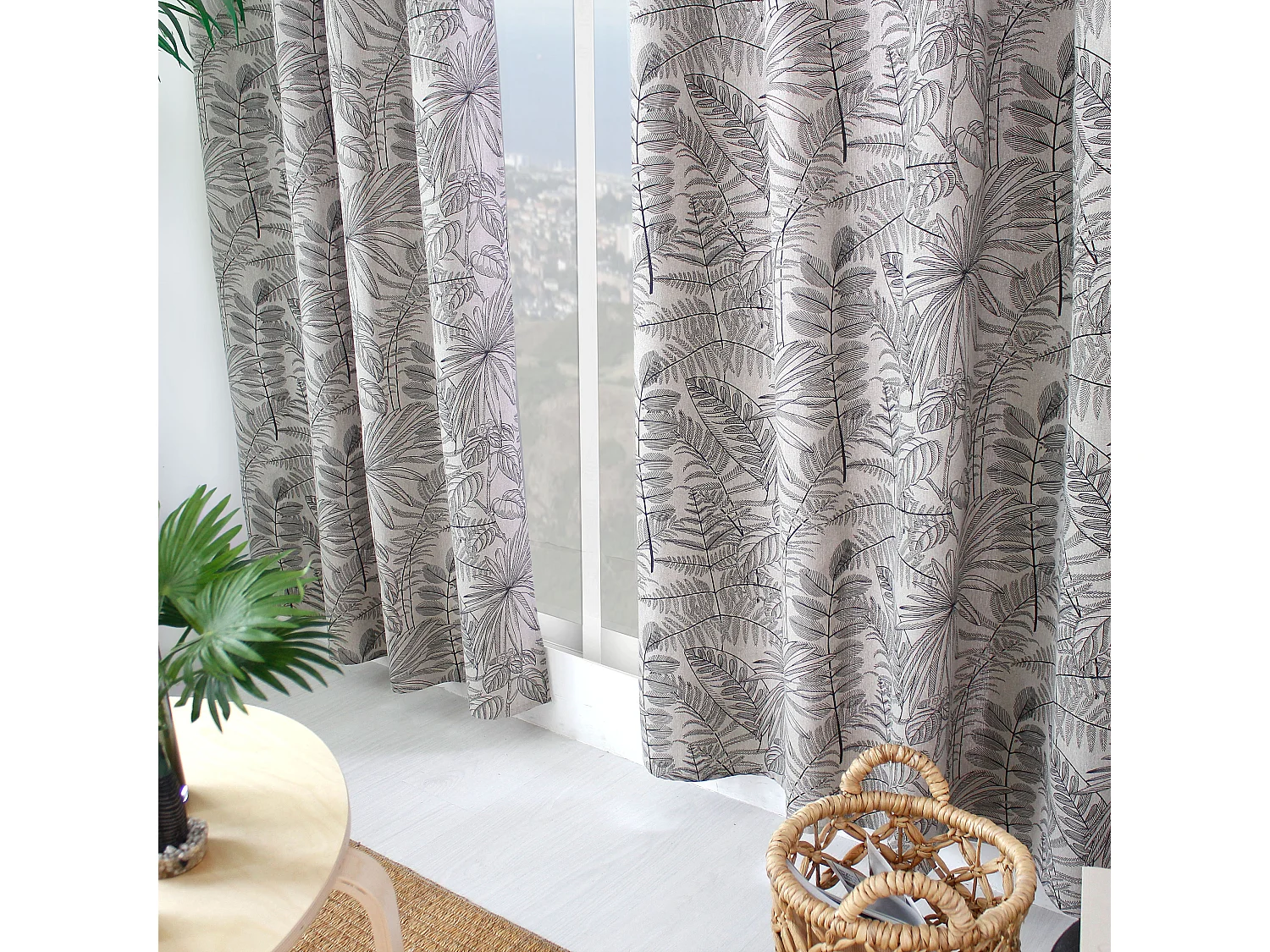 Lot de 2 Rideaux à Œillets, 140x240cm, Naturel et Gris, Motif Jungle Tropical, Collection Mambo