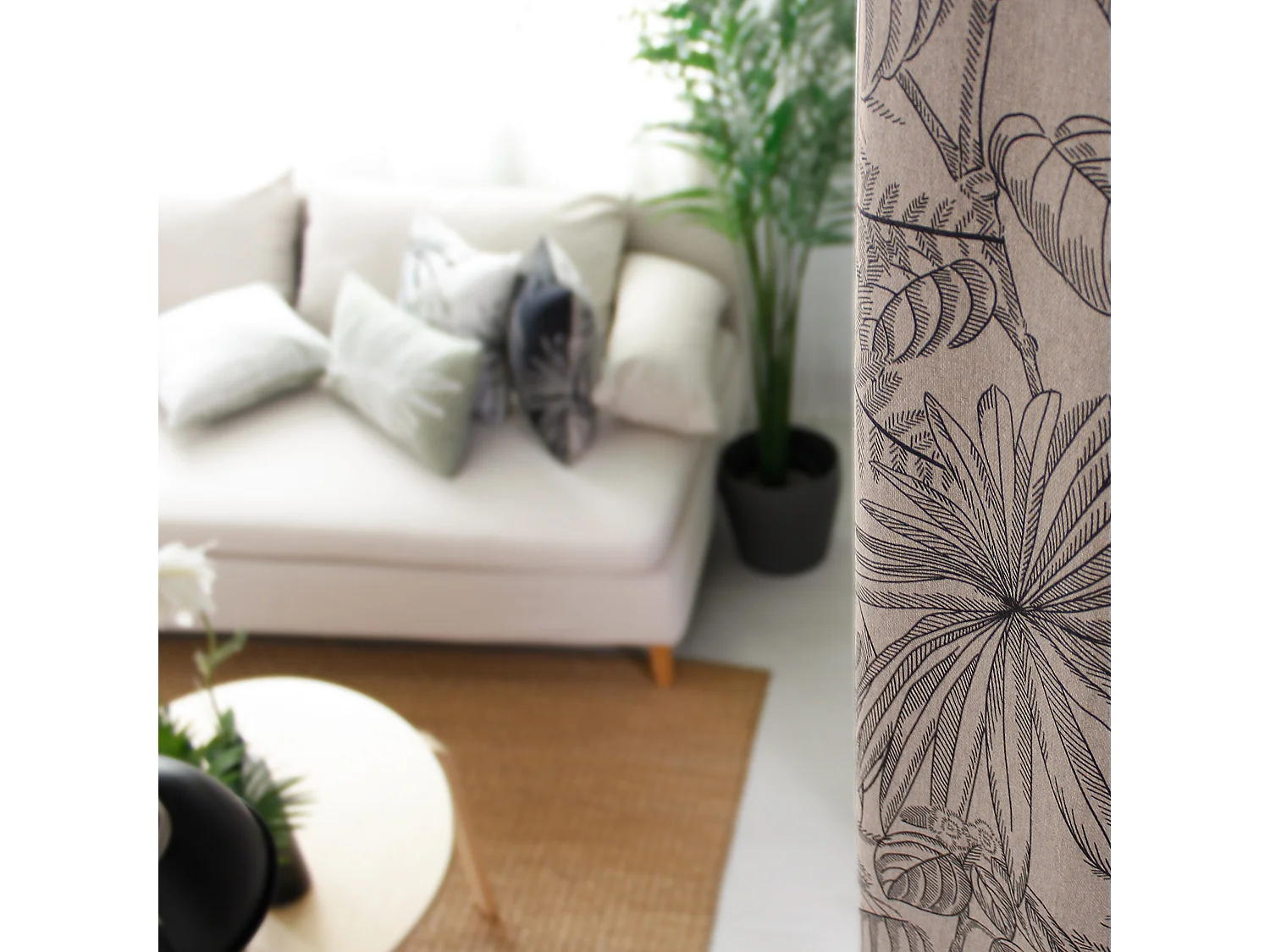 Lot de 2 Rideaux à Œillets, 140x240cm, Naturel et Gris, Motif Jungle Tropical, Collection Mambo