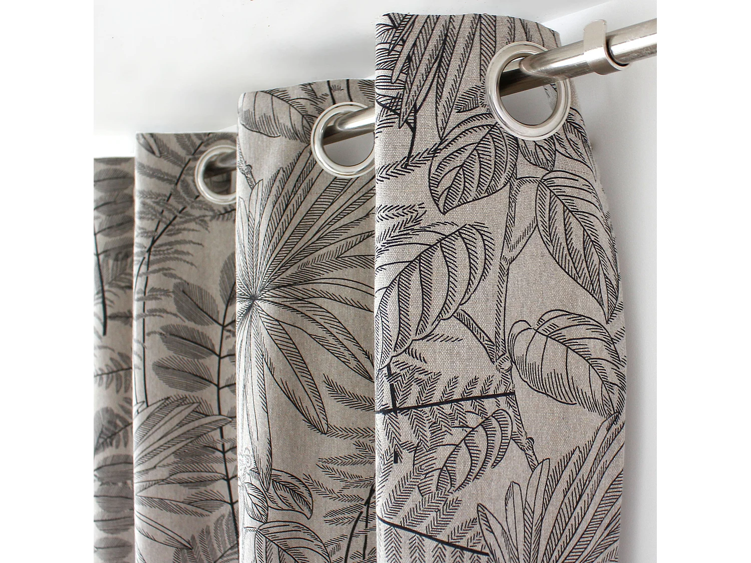 Lot de 2 Rideaux à Œillets, 140x240cm, Naturel et Gris, Motif Jungle Tropical, Collection Mambo