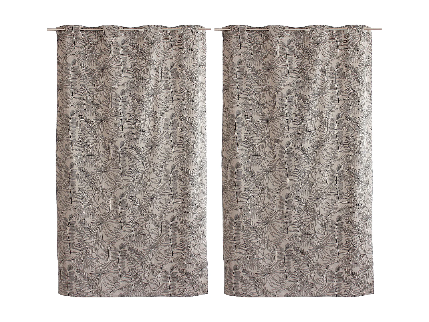 Lot de 2 Rideaux à Œillets, 140x240cm, Naturel et Gris, Motif Jungle Tropical, Collection Mambo