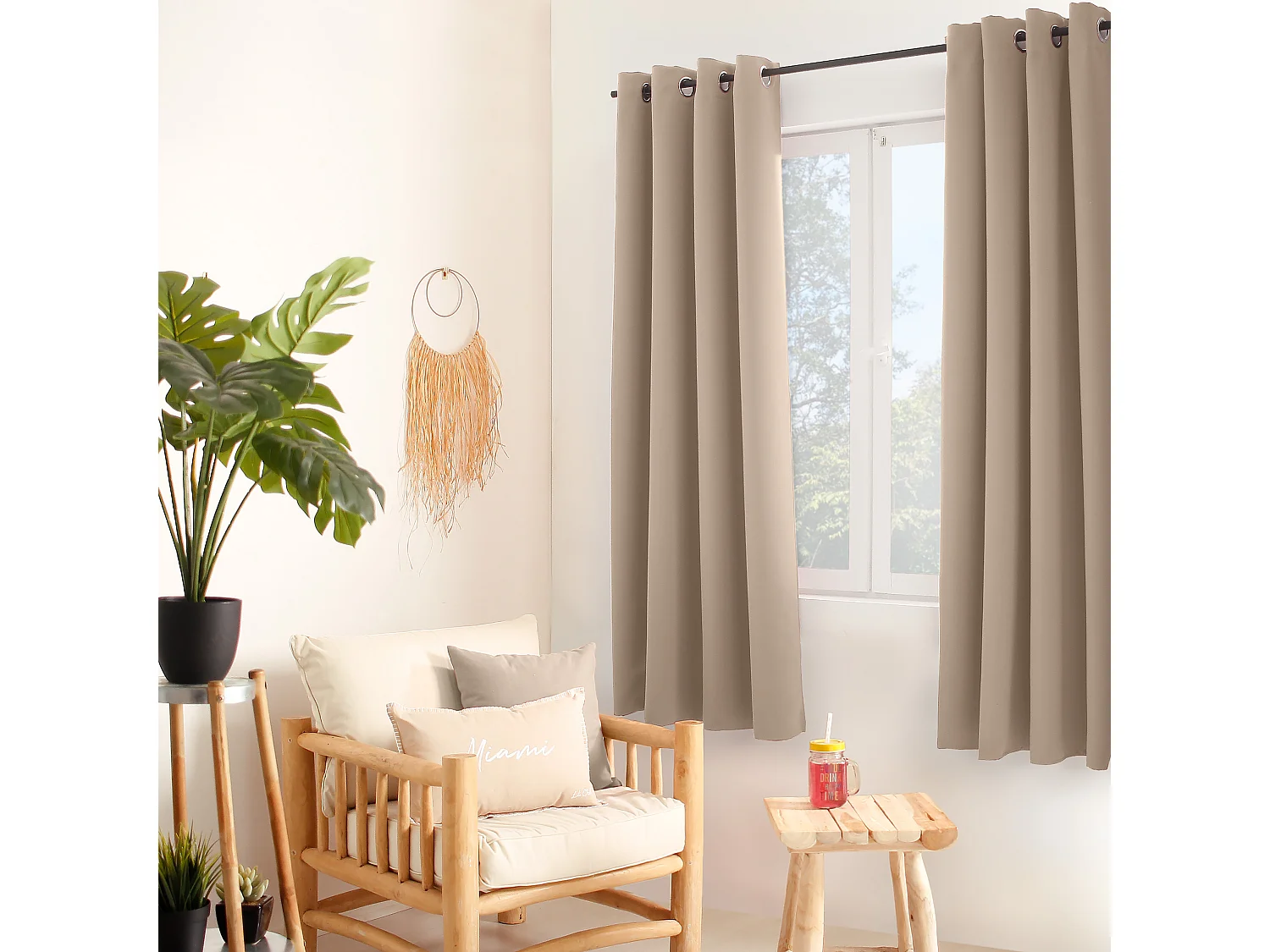 Lot de 2 rideaux thermique avec oeillets, beige naturel, 135x180cm, 100% polyester, collection Glacier