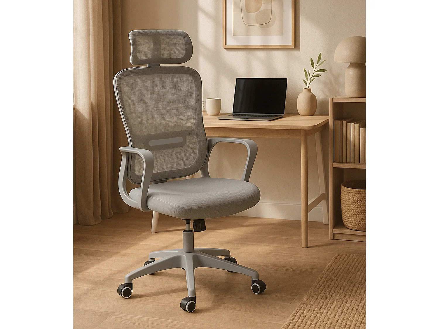 Silla de oficina de 119-128x57x59 cm de tela con reposacabezas en color gris Xuliana