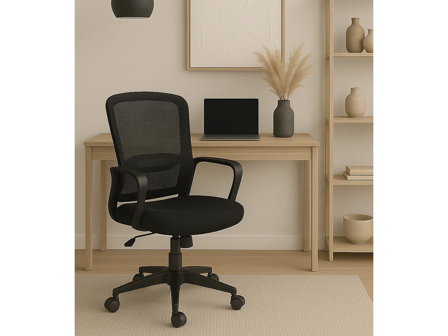 Silla de oficina de 119-128x57x59 cm de tela con reposabrazos en color negro Taxana