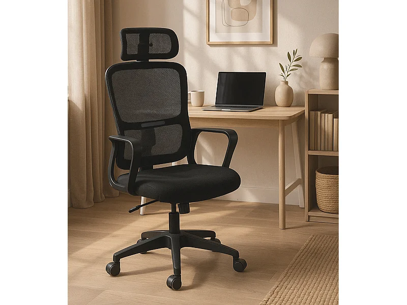 Silla de oficina de 119-128x57x59 cm de tela con reposacabezas en color negro Xuliana