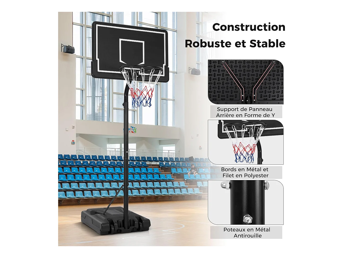 Panier de Basket-Ball sur Pied Hauteur Réglable 210-260cm, Support de Basketball Mobile avec Base Remplissable Panneau Arrière en PC et Roues