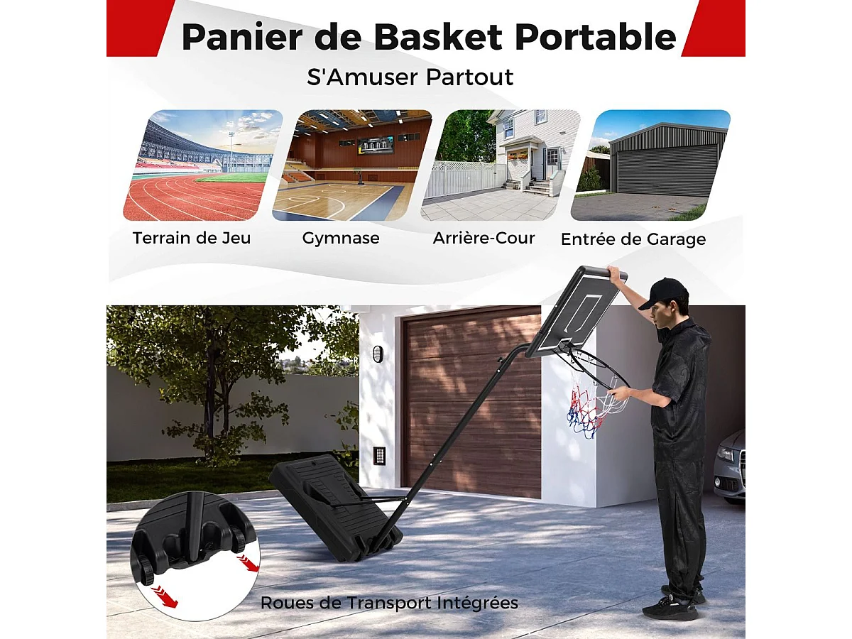 Panier de Basket-Ball sur Pied Hauteur Réglable 210-260cm, Support de Basketball Mobile avec Base Remplissable Panneau Arrière en PC et Roues