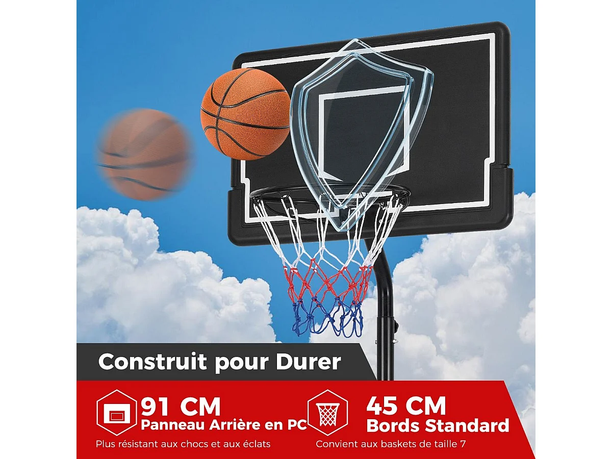 Panier de Basket-Ball sur Pied Hauteur Réglable 210-260cm, Support de Basketball Mobile avec Base Remplissable Panneau Arrière en PC et Roues