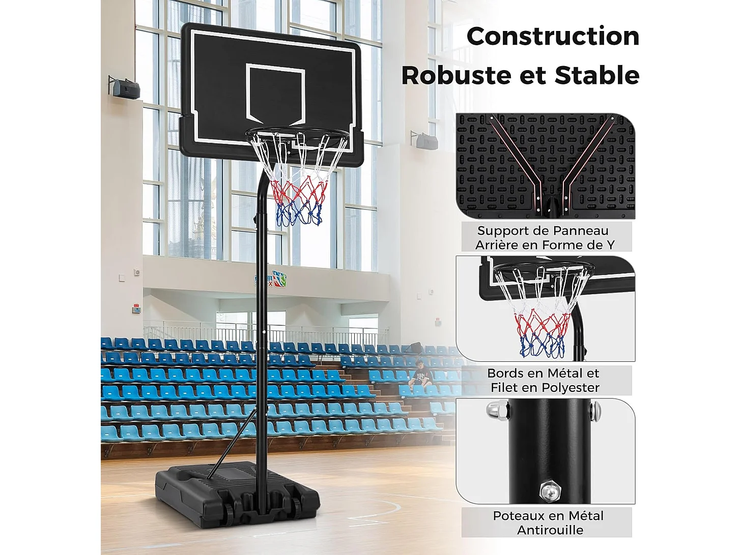 Panier de Basket-Ball sur Pied Hauteur Réglable 210-260cm, Support de Basketball Mobile avec Base Remplissable Panneau Arrière en PC et Roues