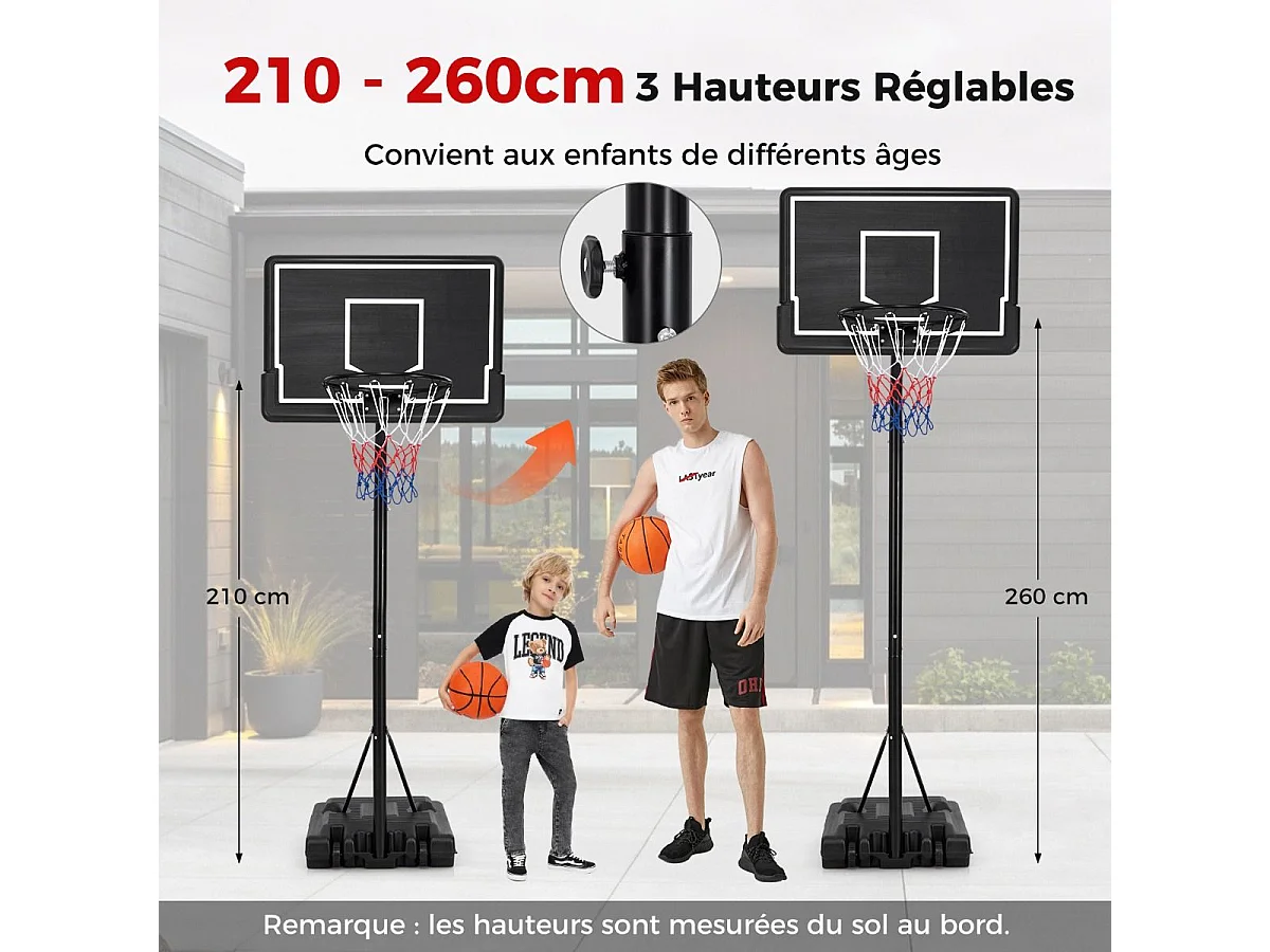 Panier de Basket-Ball sur Pied Hauteur Réglable 210-260cm, Support de Basketball Mobile avec Base Remplissable Panneau Arrière en PC et Roues
