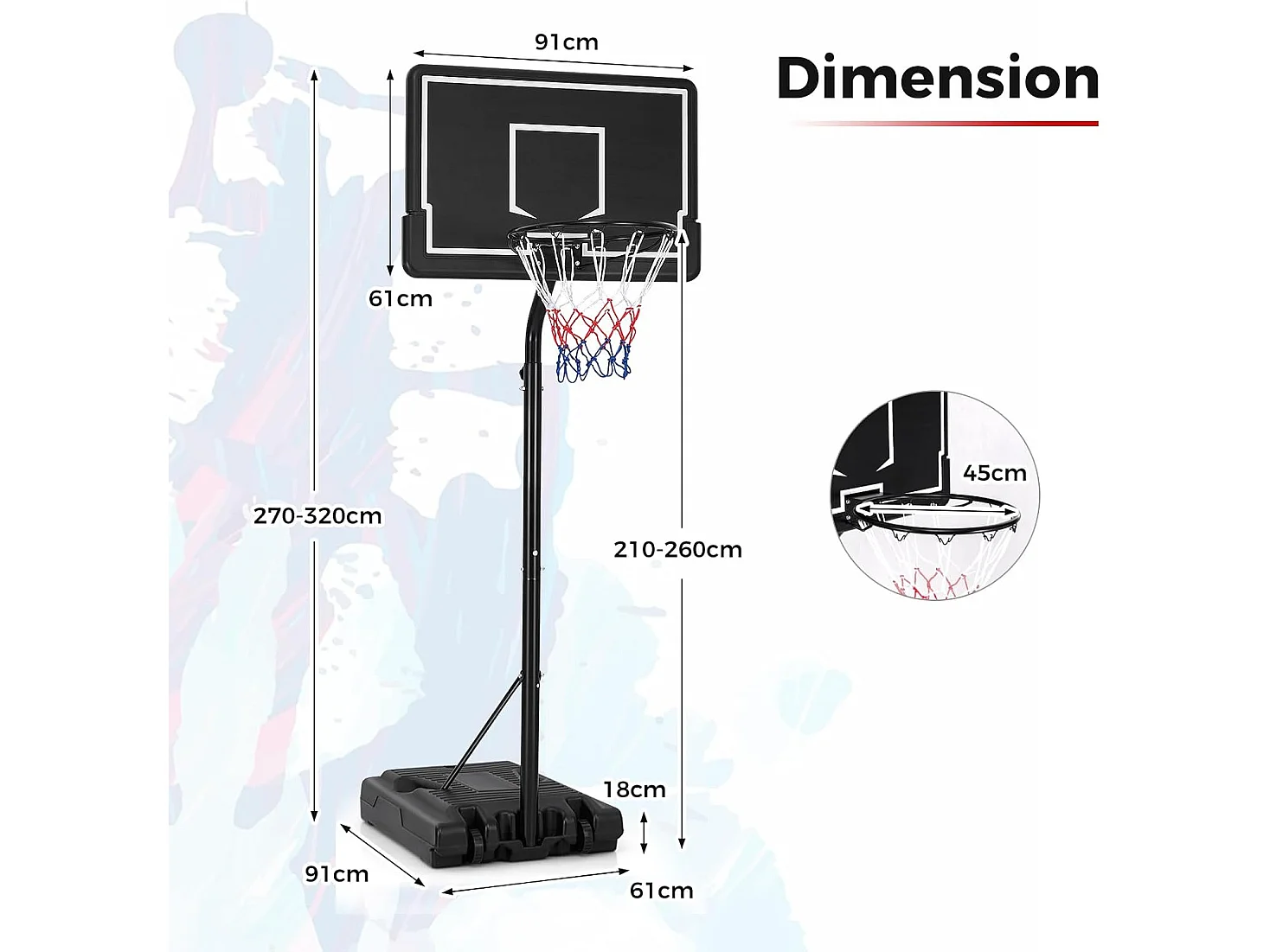 Panier de Basket-Ball sur Pied Hauteur Réglable 210-260cm, Support de Basketball Mobile avec Base Remplissable Panneau Arrière en PC et Roues