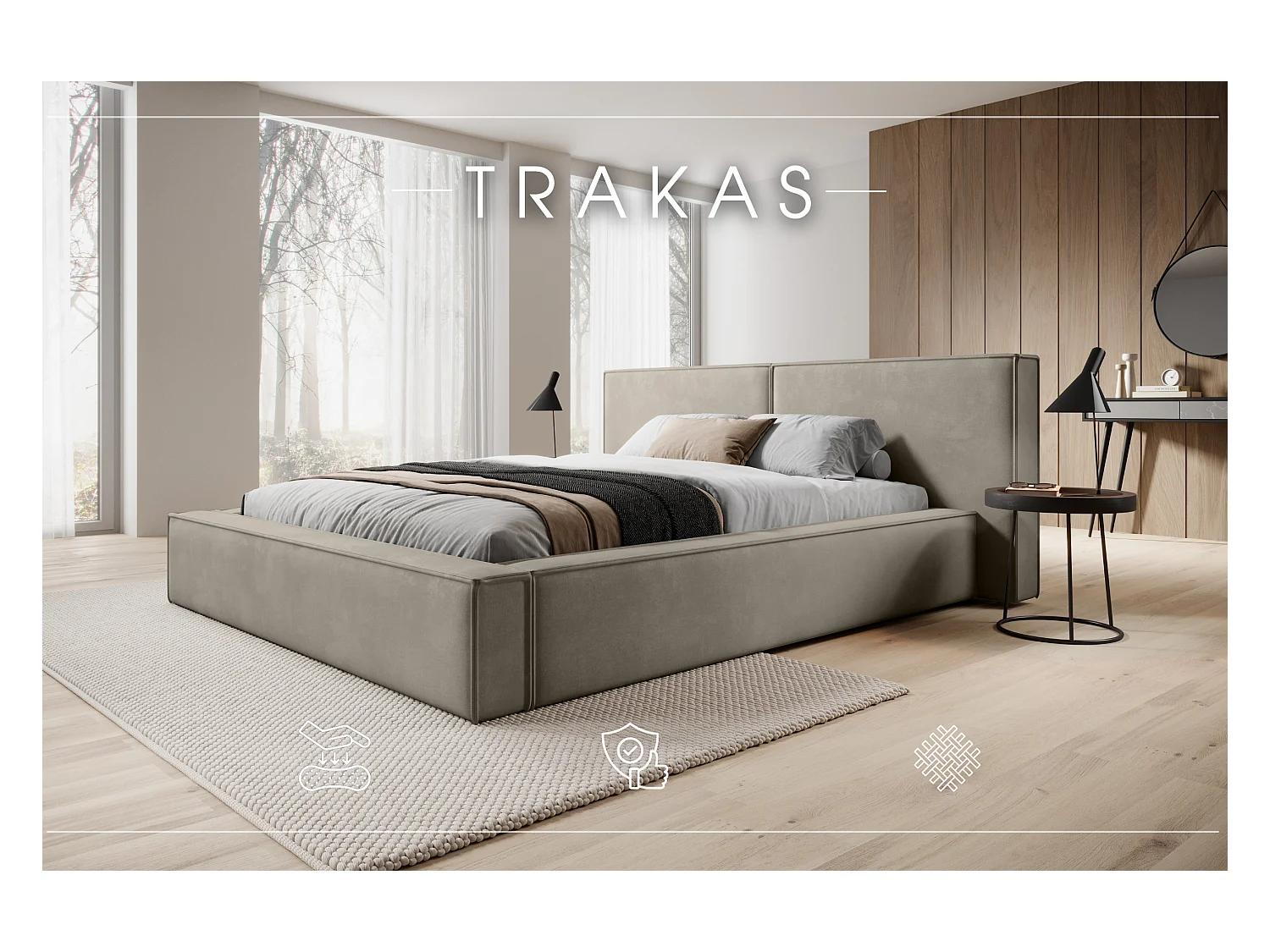 LIT CAPITONNÉ avec coffre de lit et matelas Trakas 200x200 cm, beige clair
