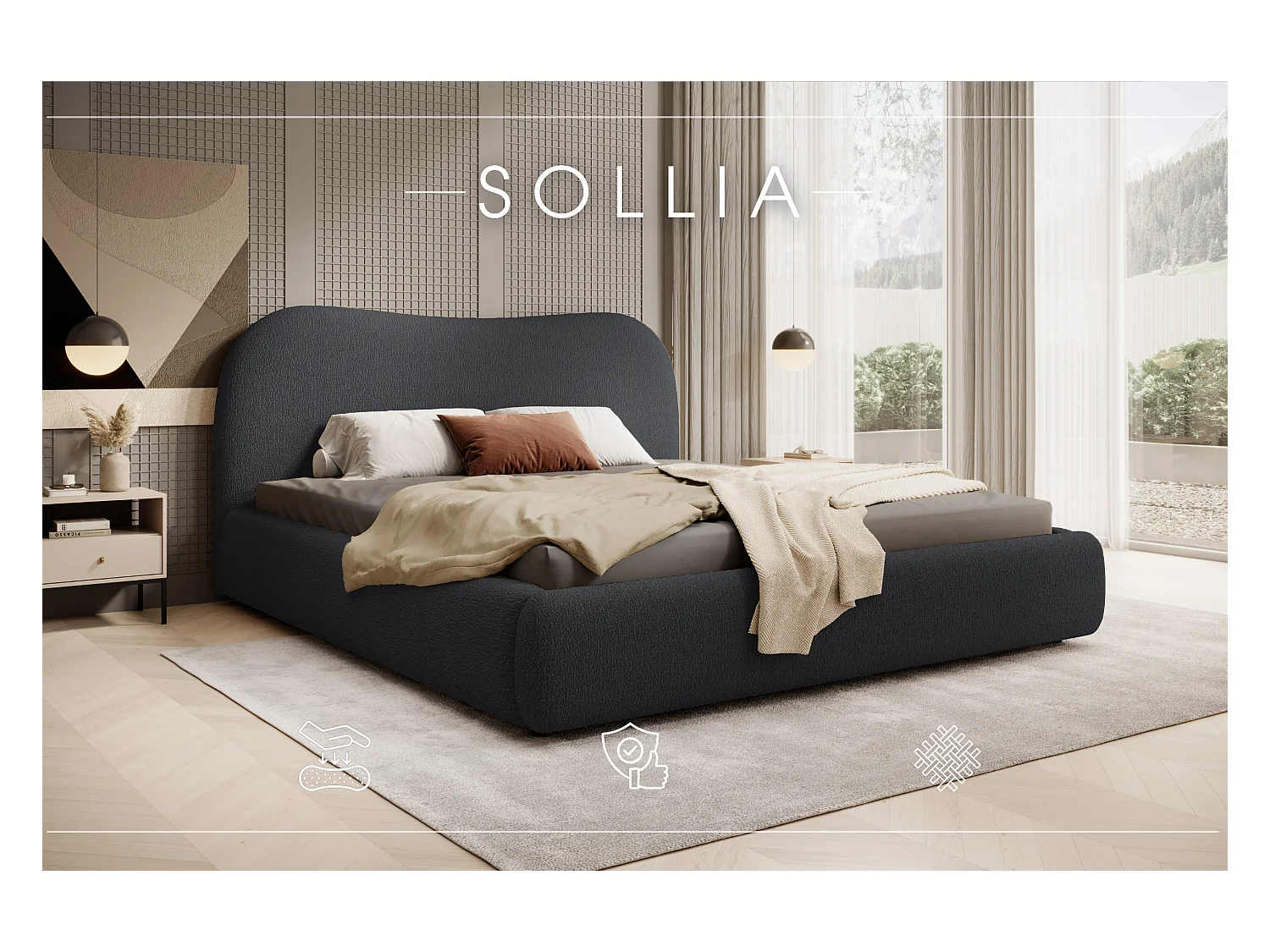 LIT CAPITONNÉ avec coffre de lit et matelas Sollia 180x200 cm, Gris foncé