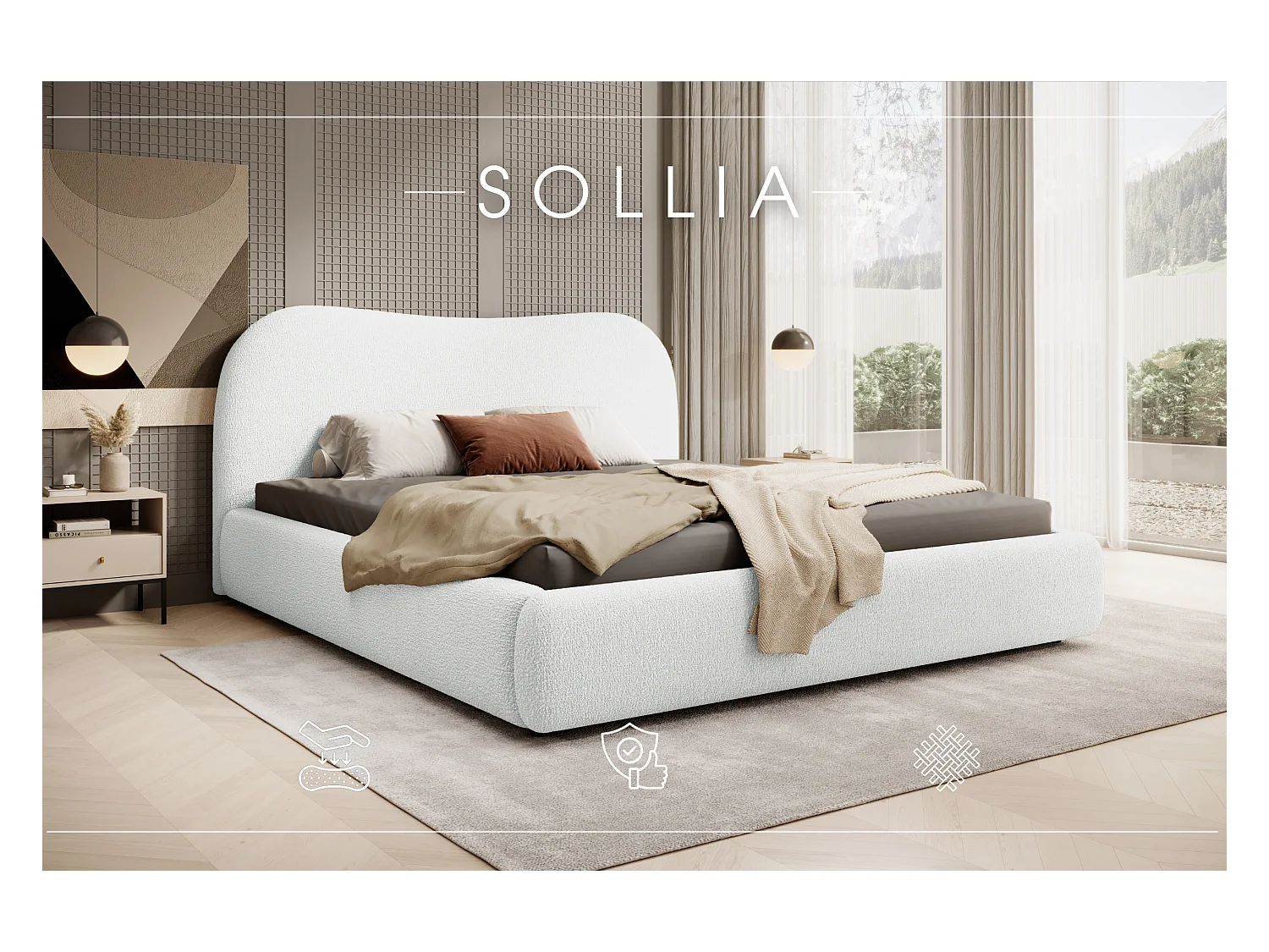 LIT CAPITONNÉ avec coffre de lit et matelas Sollia 180x200 cm, Crème