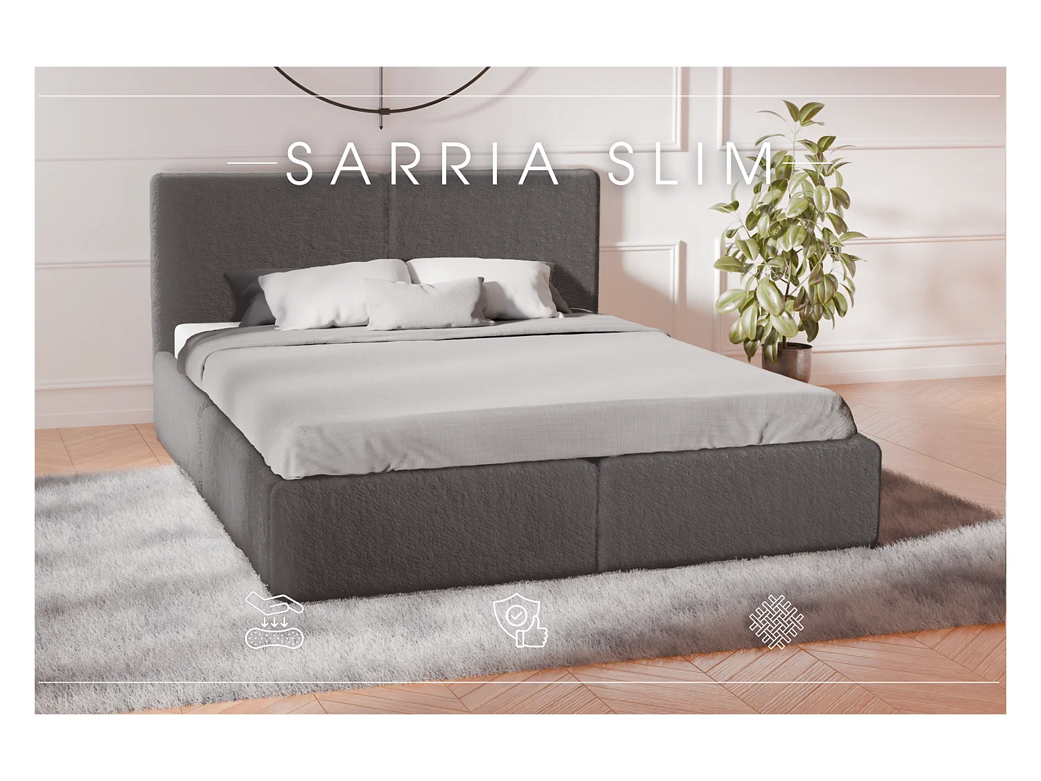 LIT TAPISSÉ avec coffre de rangement Matelas Sarria Slim Gris (Anthology 18) 140x200 cm