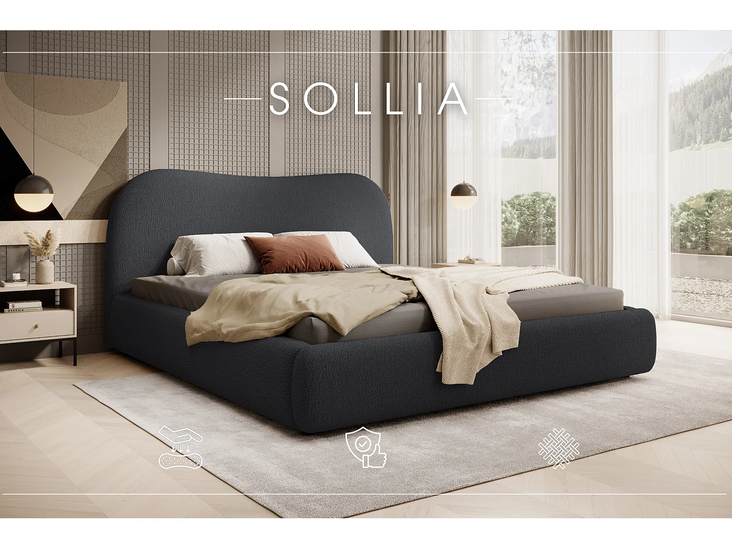 LIT CAPITONNÉ avec coffre de lit et matelas Sollia 160x200 cm, Gris foncé