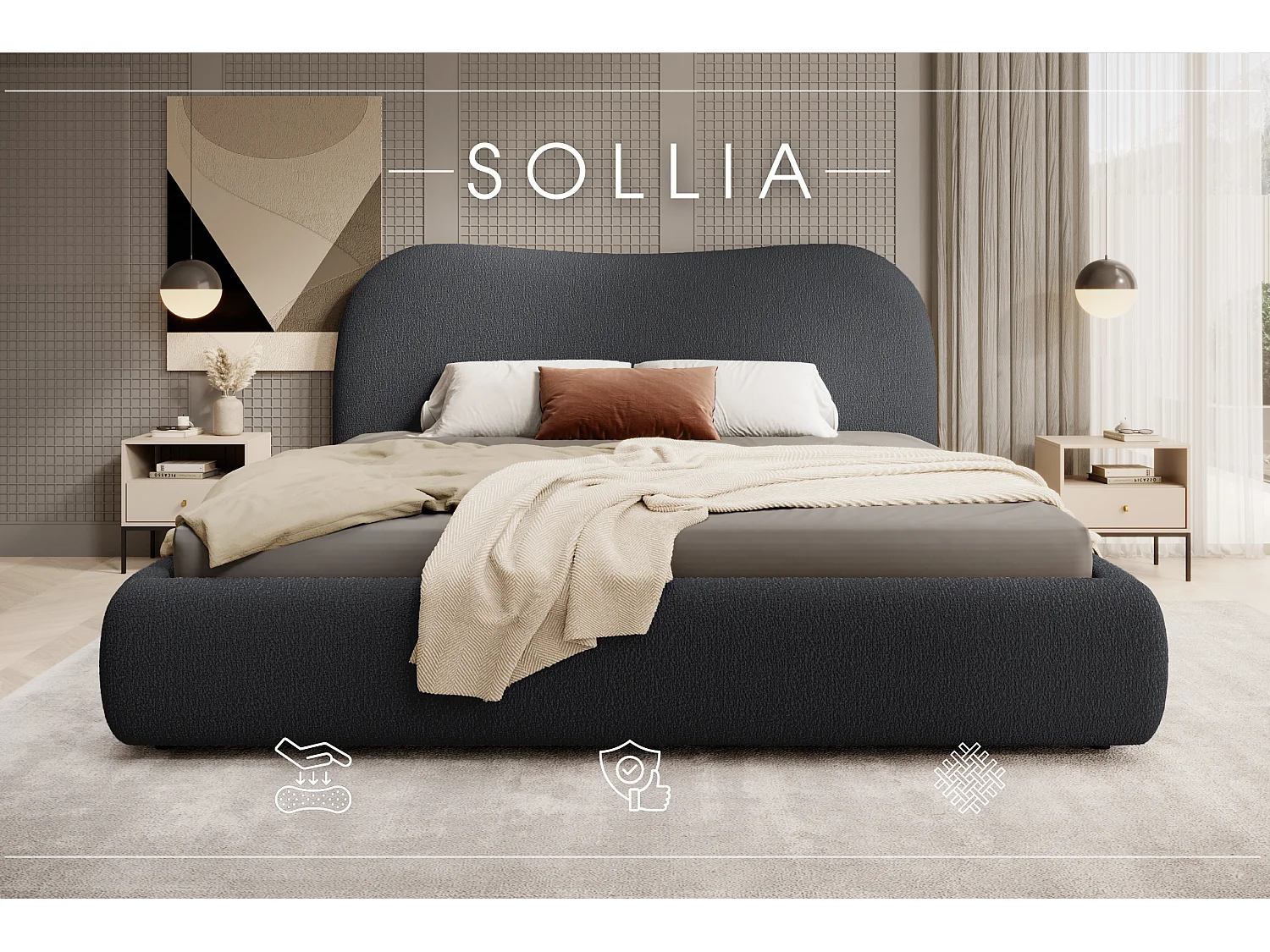 LIT CAPITONNÉ avec coffre de lit et matelas Sollia 160x200 cm, Gris foncé