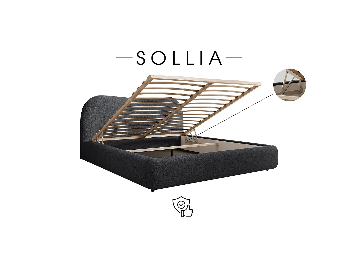 LIT CAPITONNÉ avec coffre de lit et matelas Sollia 160x200 cm, Gris foncé