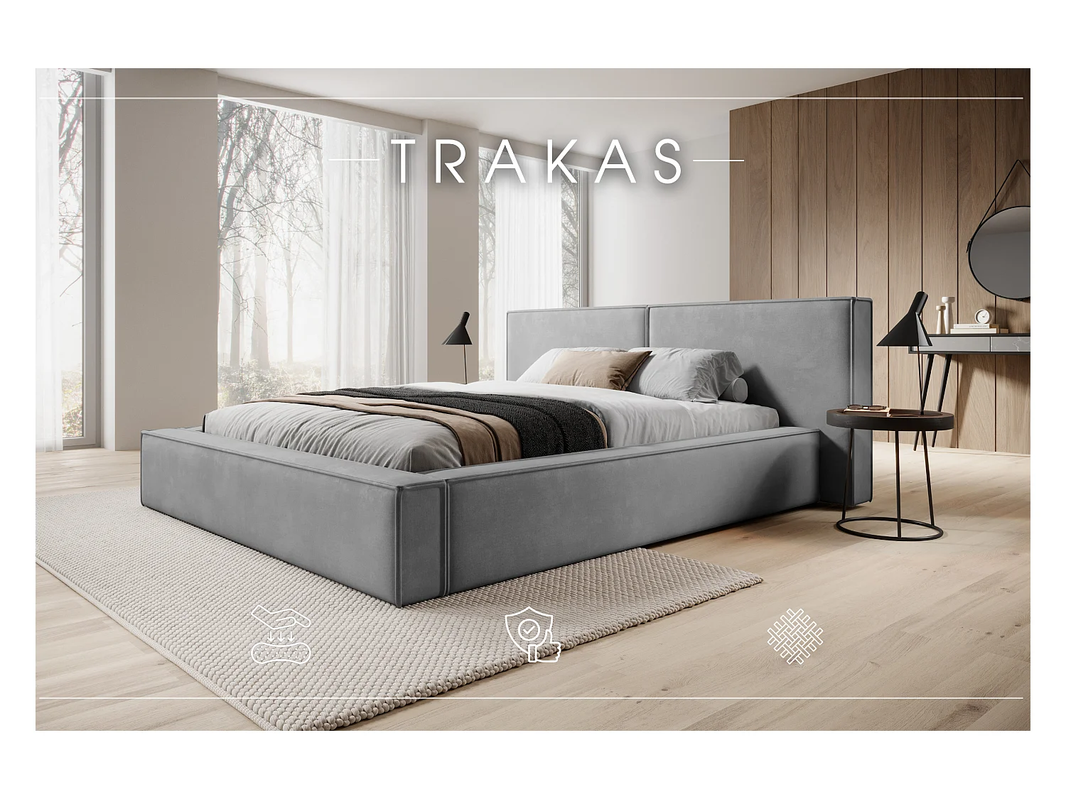 LIT CAPITONNÉ avec coffre de lit et matelas Trakas 180x200 cm, gris clair