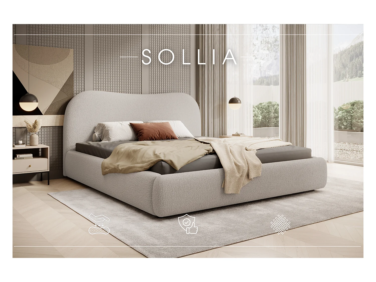 LIT CAPITONNÉ avec coffre de lit et matelas Sollia 160x200 cm, Beige