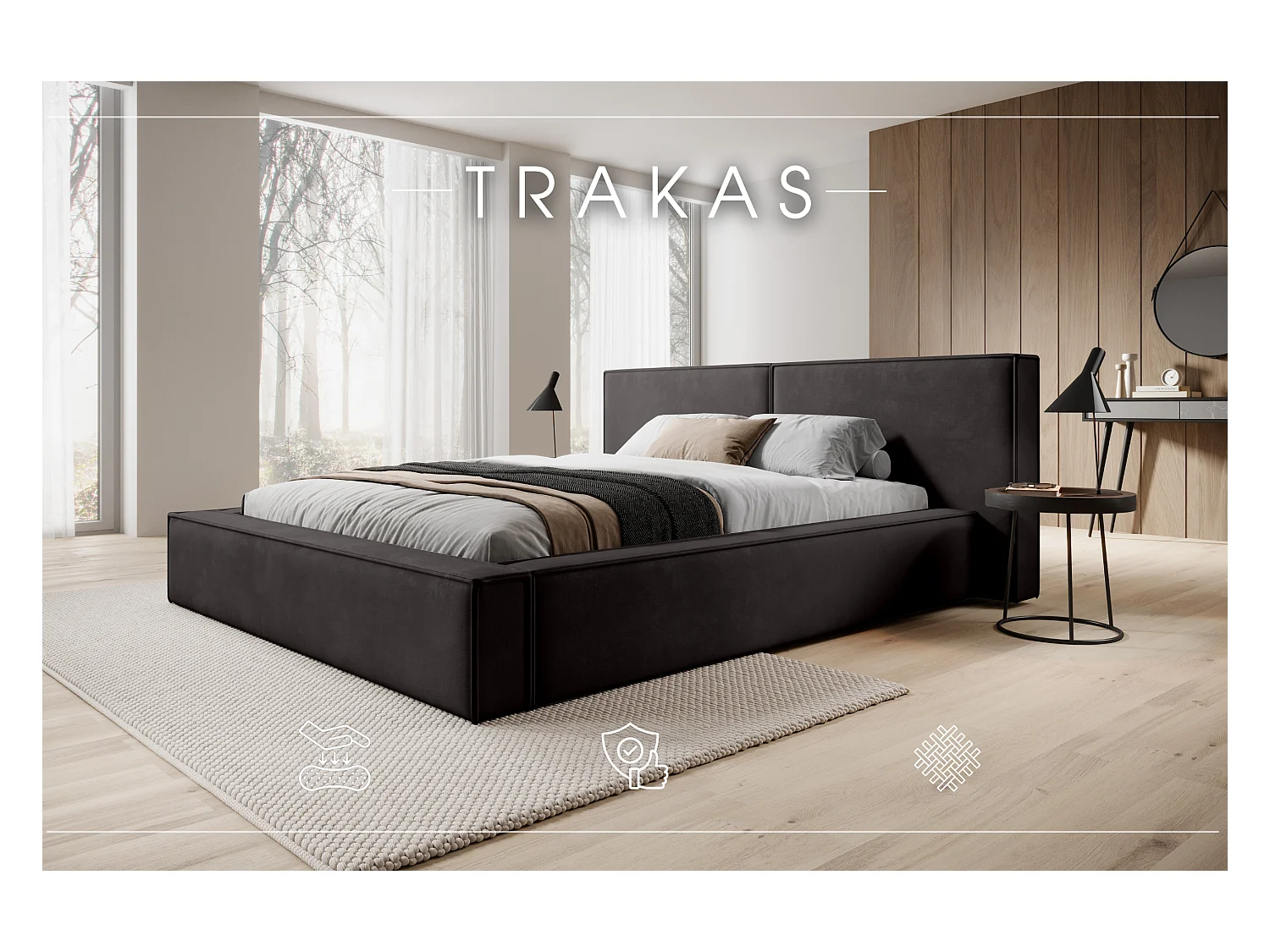 LIT CAPITONNÉ avec coffre de lit et matelas Trakas 200x200 cm, gris foncé