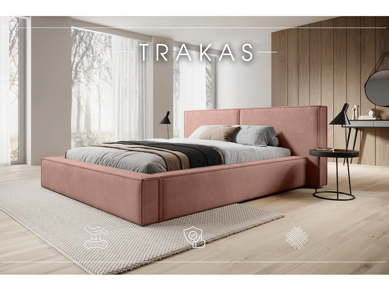 LIT CAPITONNÉ avec coffre de lit et matelas Trakas 160x200 cm, rose