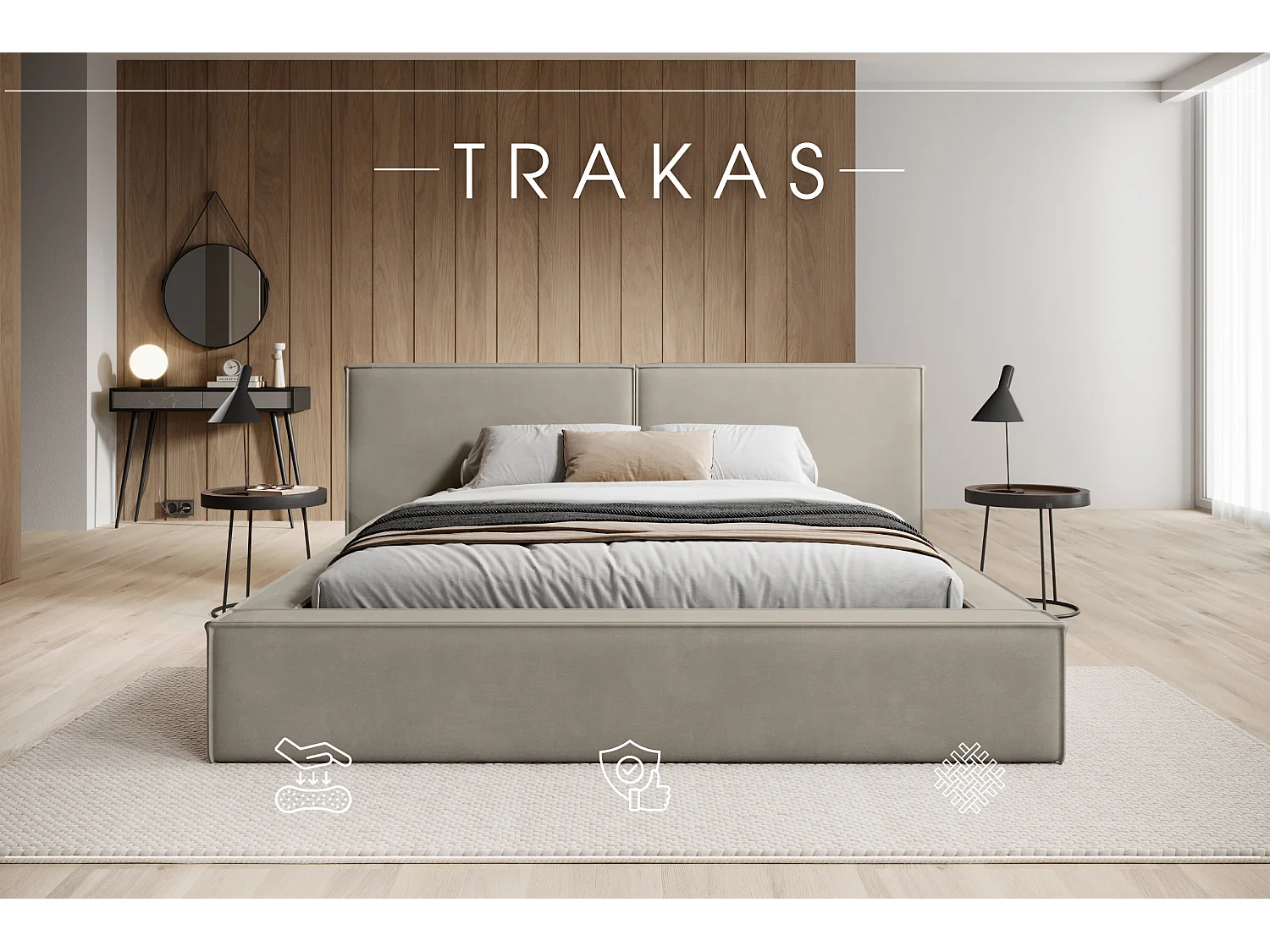 LIT CAPITONNÉ avec coffre de lit et matelas Trakas 120x200 cm, beige clair