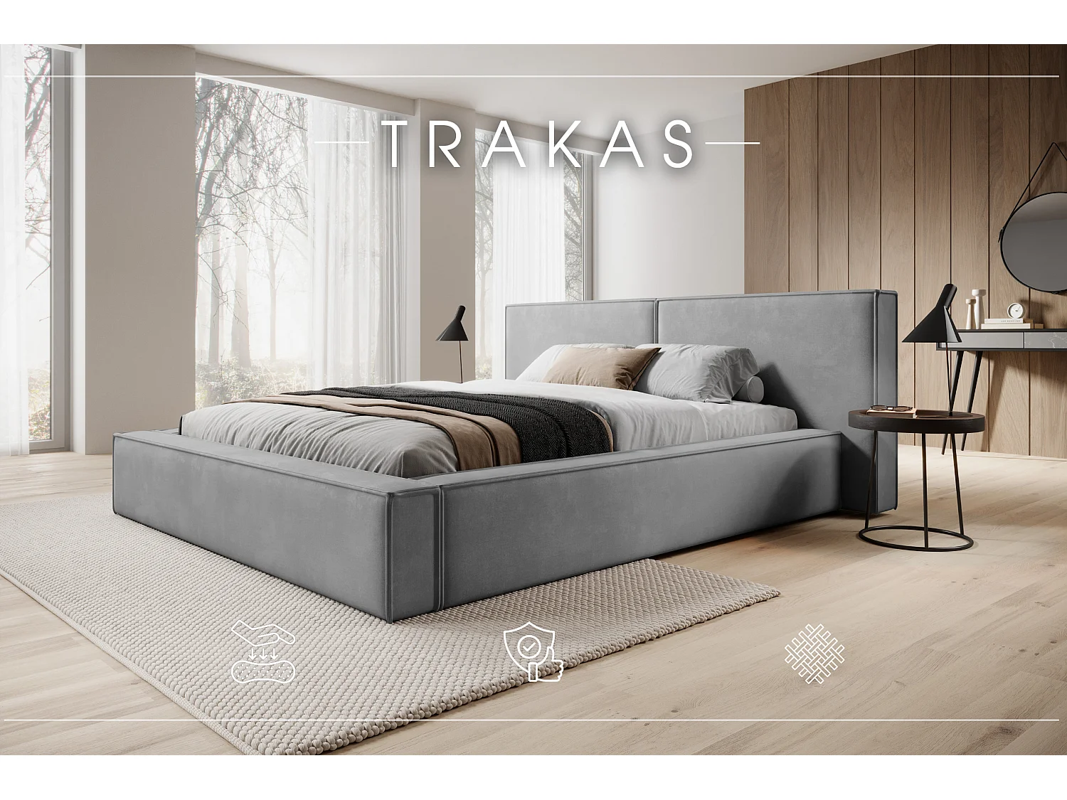 LIT CAPITONNÉ avec coffre de lit et matelas Trakas 120x200 cm, gris clair