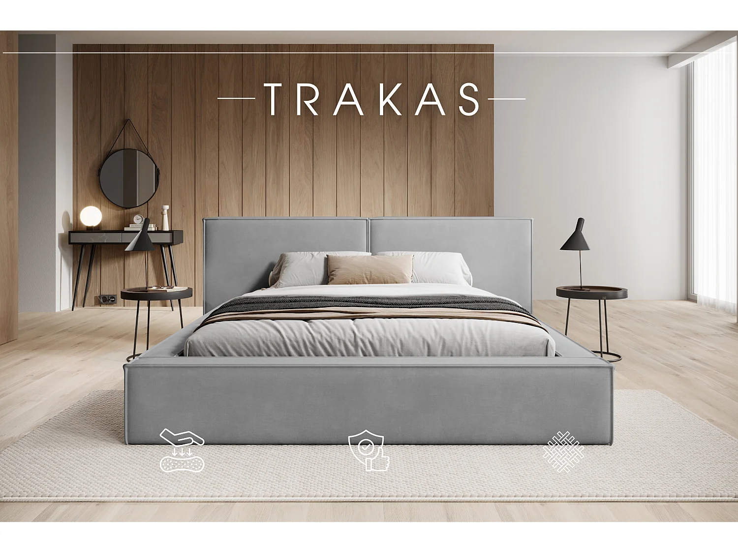 LIT CAPITONNÉ avec coffre de lit et matelas Trakas 120x200 cm, gris clair
