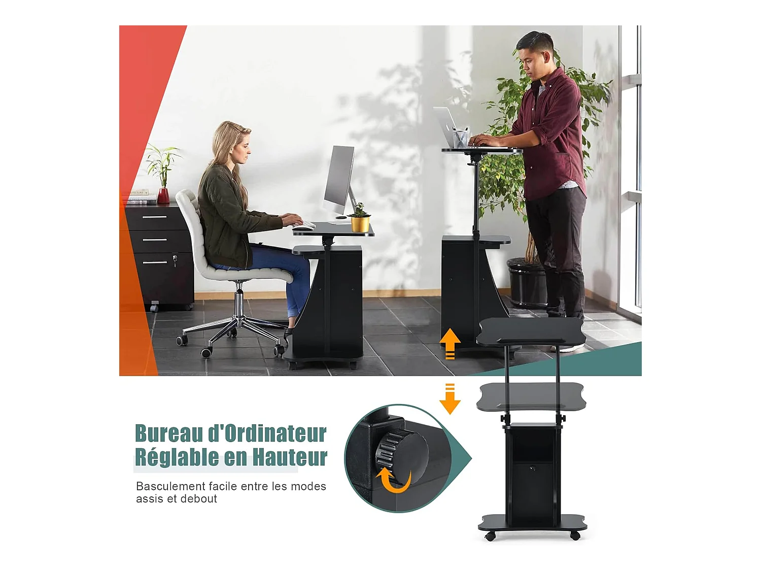 Bureau Mobile Assis-Debout, Bureau Informatique Hauteur Réglable, Ergonomique, Poste de Travail Informatique pour Maison et Bureau, Noir