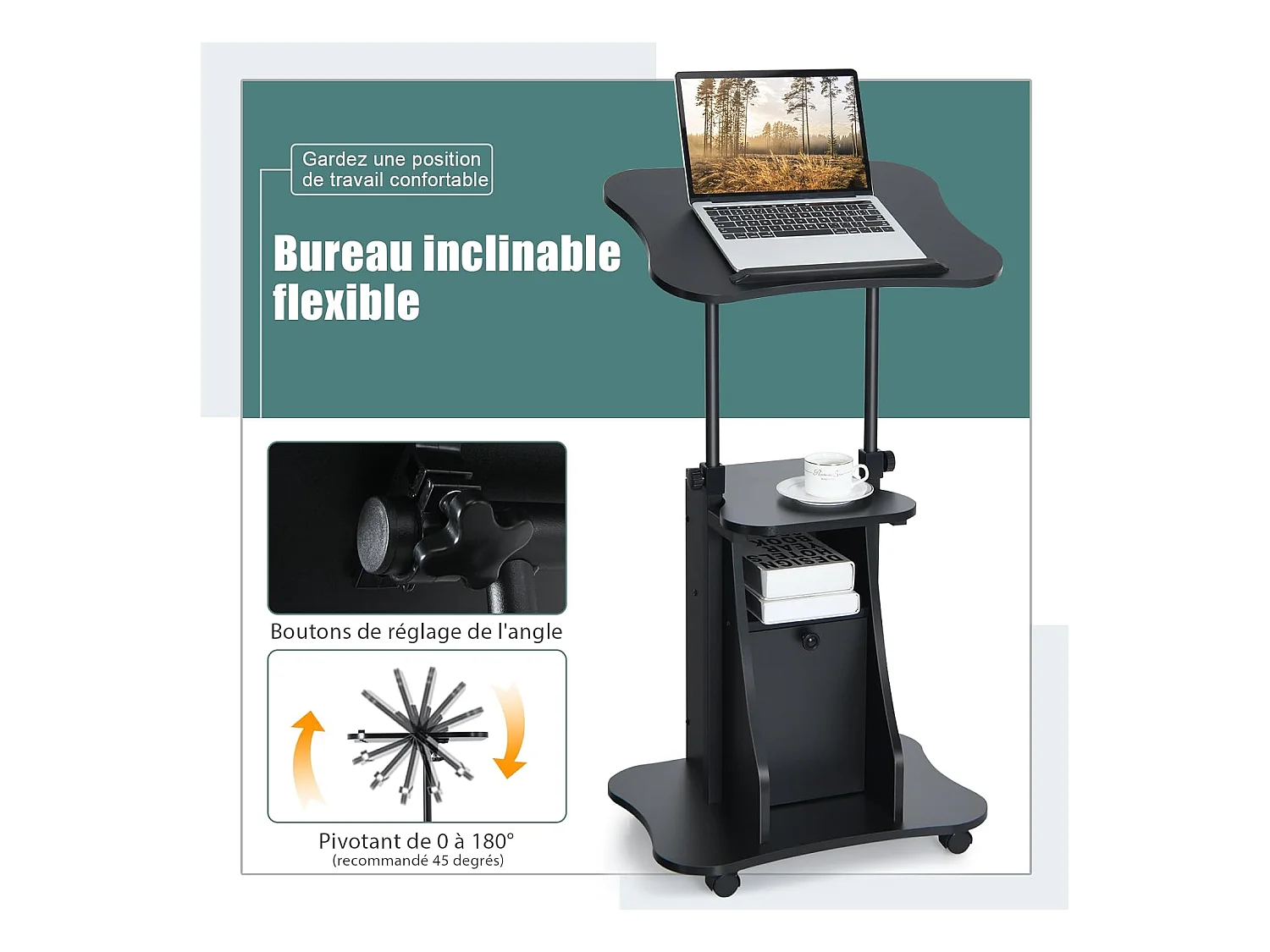 Bureau Mobile Assis-Debout, Bureau Informatique Hauteur Réglable, Ergonomique, Poste de Travail Informatique pour Maison et Bureau, Noir