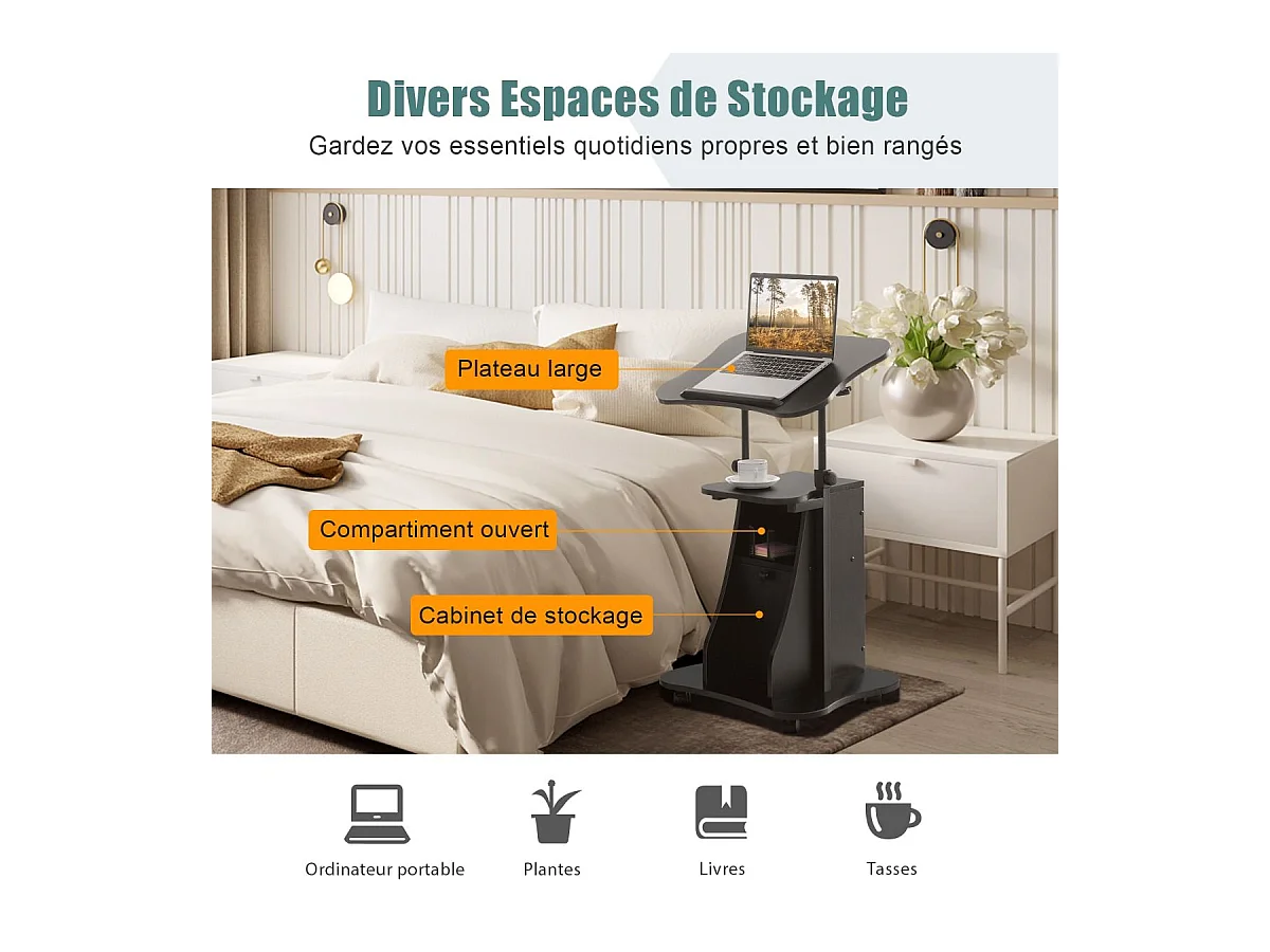 Bureau Mobile Assis-Debout, Bureau Informatique Hauteur Réglable, Ergonomique, Poste de Travail Informatique pour Maison et Bureau, Noir