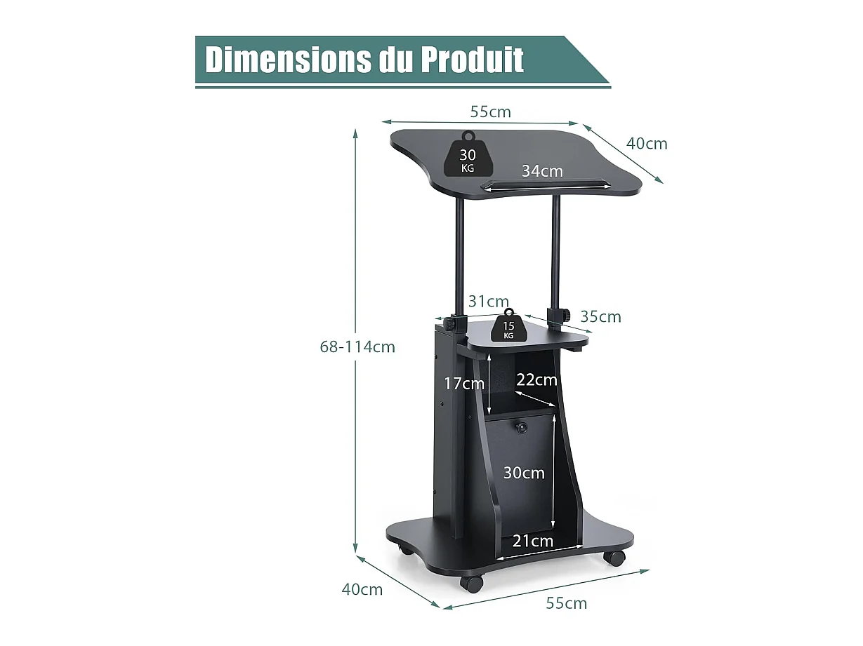 Bureau Mobile Assis-Debout, Bureau Informatique Hauteur Réglable, Ergonomique, Poste de Travail Informatique pour Maison et Bureau, Noir
