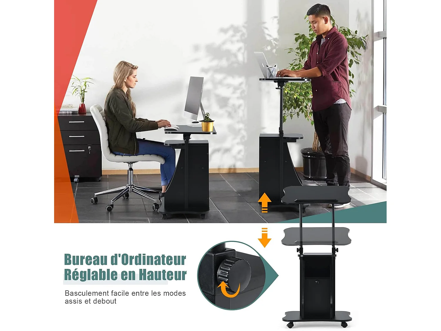 Bureau Assis-Debout Mobile, Bureau Informatique Hauteur Réglable, Ergonomique, Poste de Travail Informatique pour Maison et Bureau, Noir