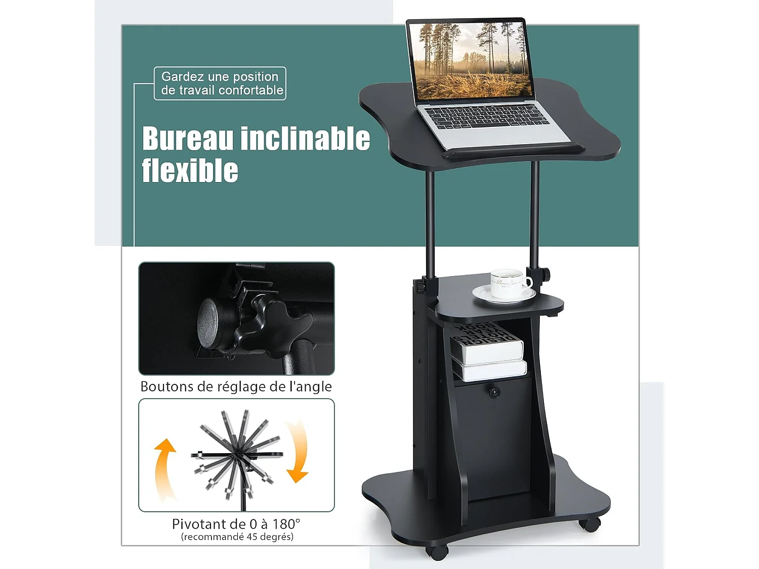 Bureau Assis-Debout Mobile, Bureau Informatique Hauteur Réglable, Ergonomique, Poste de Travail Informatique pour Maison et Bureau, Noir