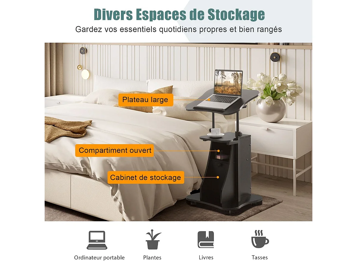 Bureau Assis-Debout Mobile, Bureau Informatique Hauteur Réglable, Ergonomique, Poste de Travail Informatique pour Maison et Bureau, Noir