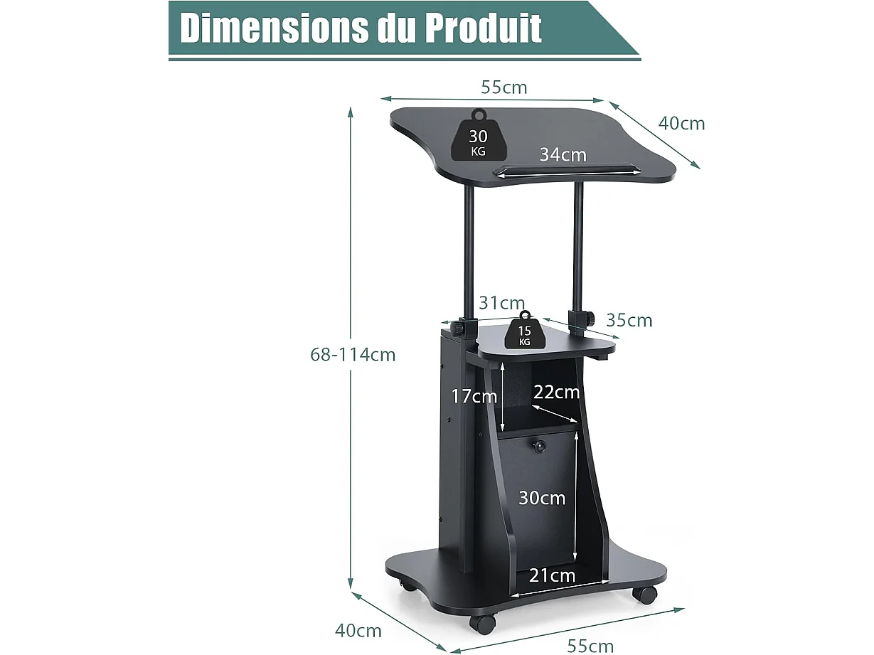 Bureau Assis-Debout Mobile, Bureau Informatique Hauteur Réglable, Ergonomique, Poste de Travail Informatique pour Maison et Bureau, Noir