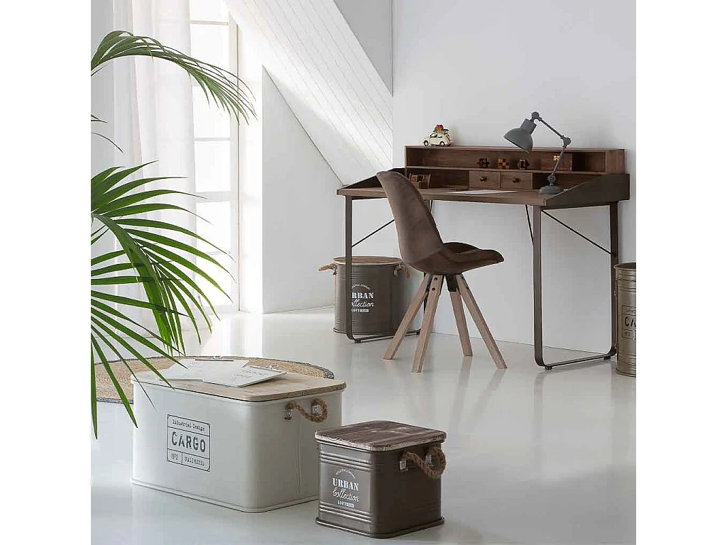 Coffre en métal, couvercle en bois et poignées en corde imprimée blanc 60x38x33h cm