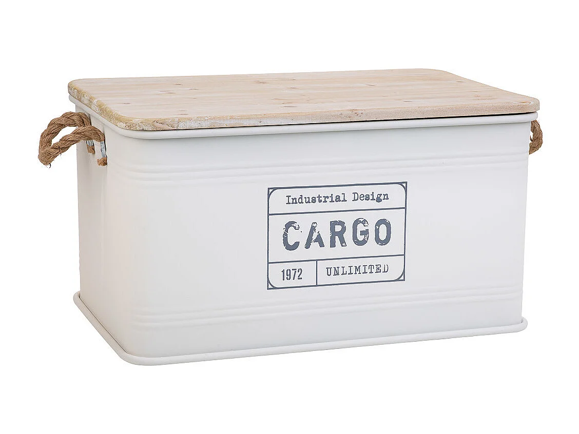 Coffre en métal, couvercle en bois et poignées en corde imprimée blanc 60x38x33h cm