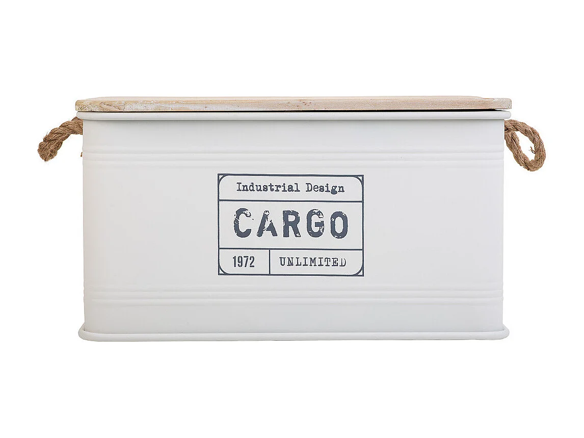 Coffre en métal, couvercle en bois et poignées en corde imprimée blanc 60x38x33h cm