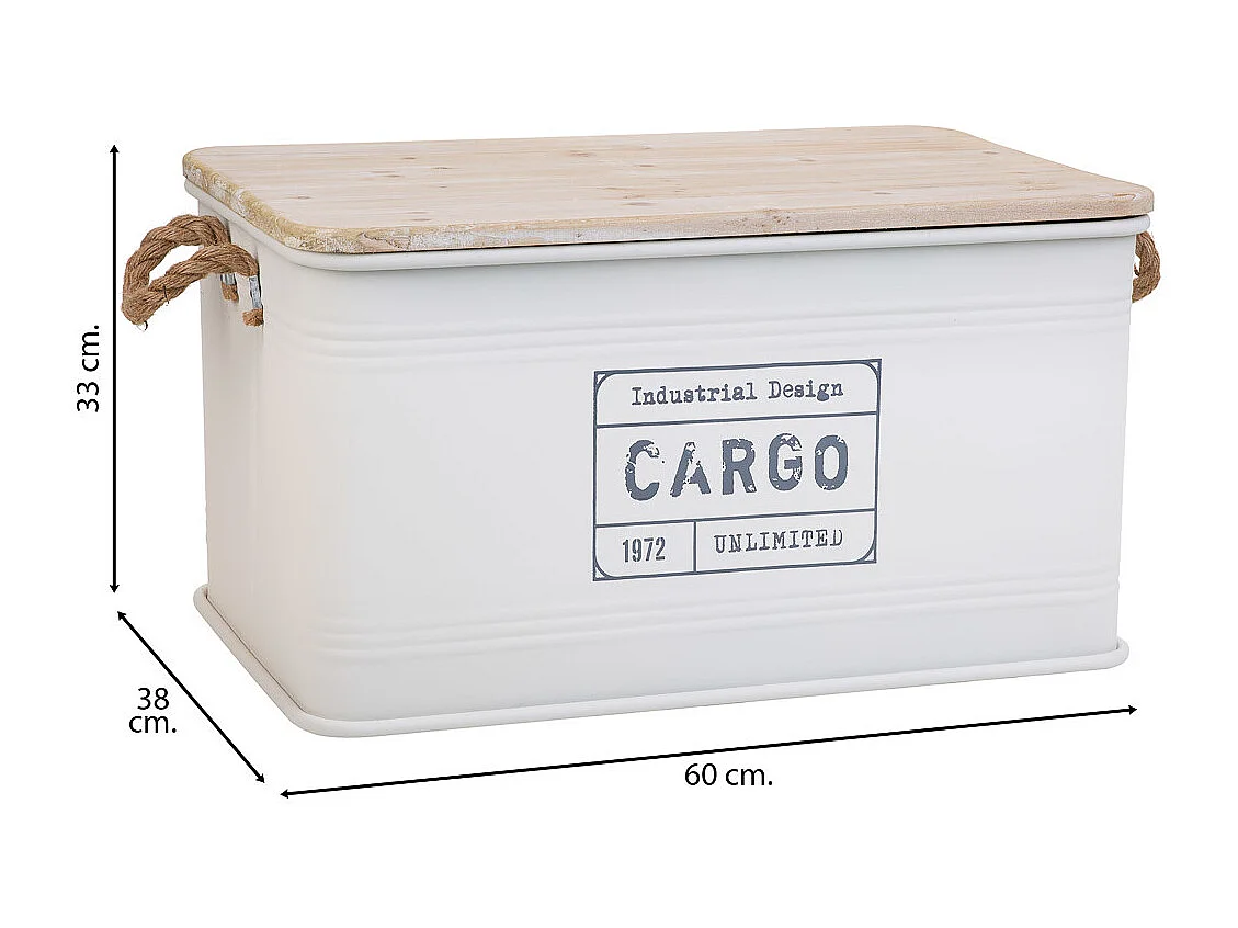 Coffre en métal, couvercle en bois et poignées en corde imprimée blanc 60x38x33h cm