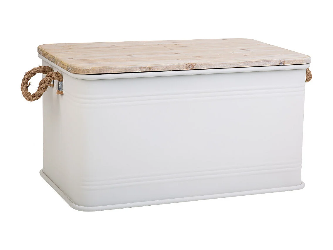 Coffre en métal, couvercle en bois et poignées en corde imprimée blanc 60x38x33h cm