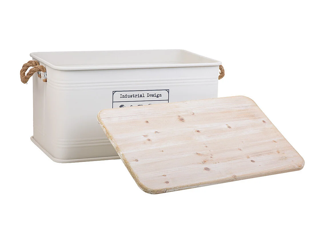 Coffre en métal, couvercle en bois et poignées en corde imprimée blanc 60x38x33h cm