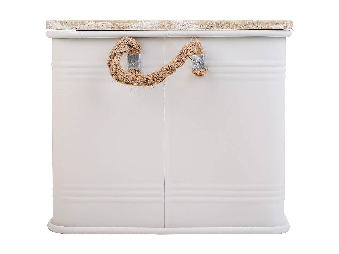 Coffre en métal, couvercle en bois et poignées en corde imprimée blanc 60x38x33h cm