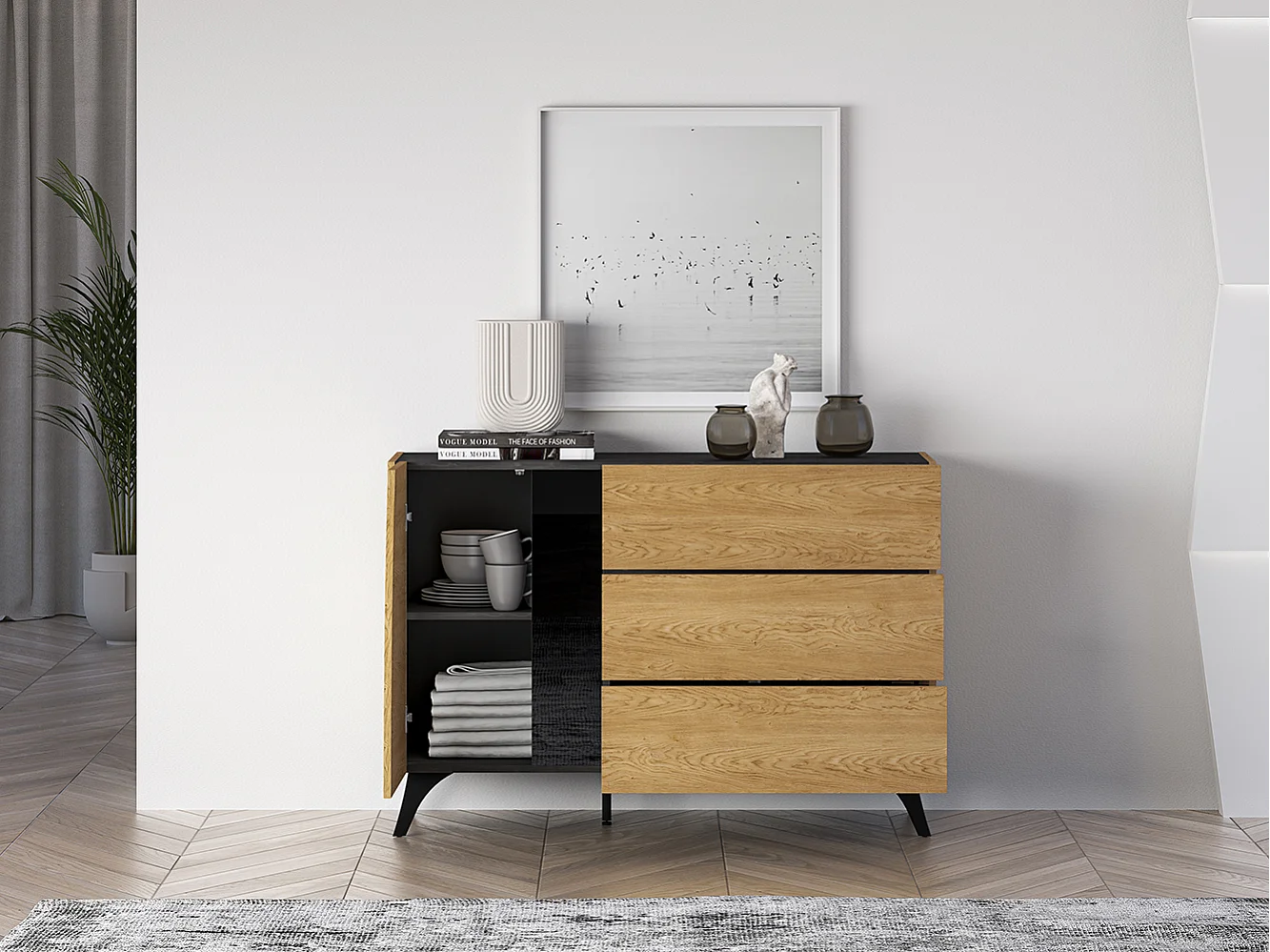 KOMBIKOMMODE Toscania Eiche / Schwarz 120 / 40 / 82cm