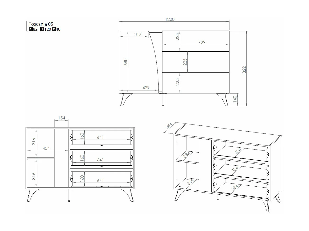 KOMBIKOMMODE Toscania Eiche / Schwarz 120 / 40 / 82cm