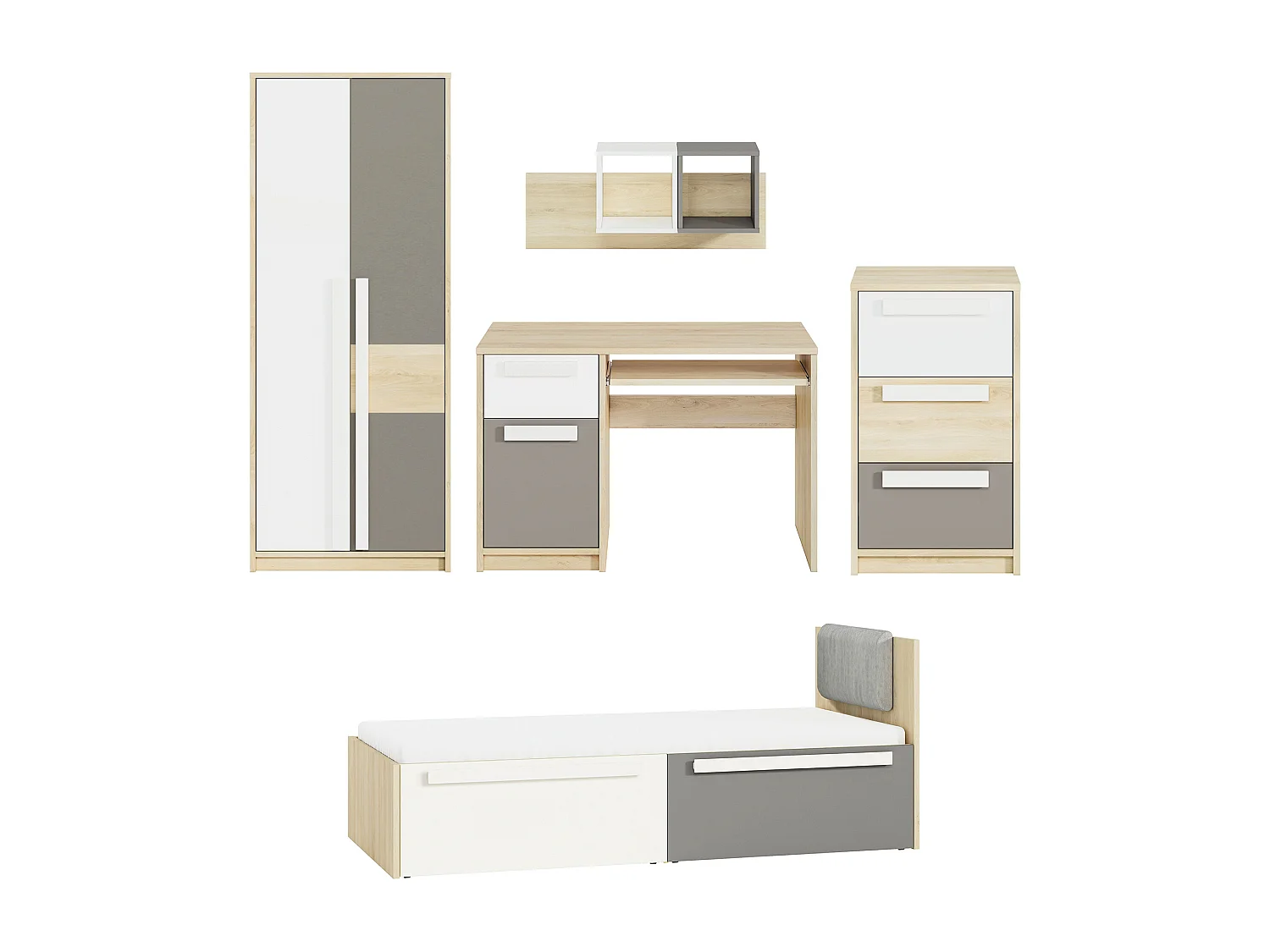 KINDERZIMMER-SET Drop 5-teilig Fjord Buche / Weiß / Grau 443 / 205 / 199cm